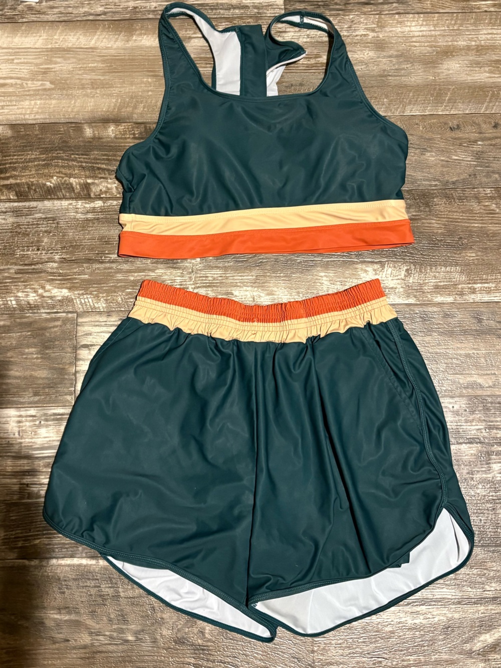 Women's Green Two-Piece Swim Set with Orange & Cream Accents Size XL